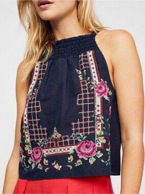 Free People Navy Tank with Pink Rose Embroidery
